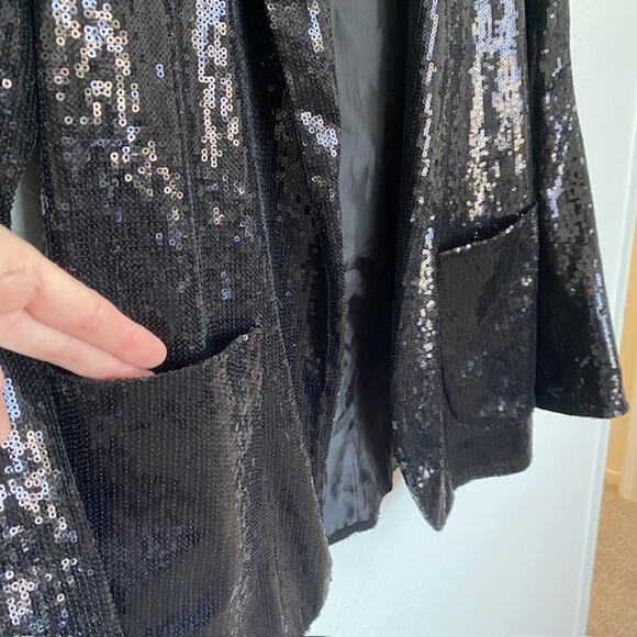 Literature Noir Black Sequin Blazer Formal Lined Pockets Open Front Women's M - Picture 8 of 13